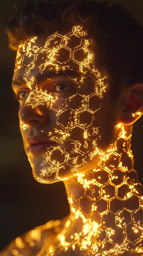 A man's face is illuminated by a glowing honeycomb pattern. The pattern covers his entire face and neck, creating a surreal and futuristic effect. The light is warm and inviting, casting a golden glow on his skin. The image evokes a sense of mystery and wonder, suggesting a connection between technology and the human body.