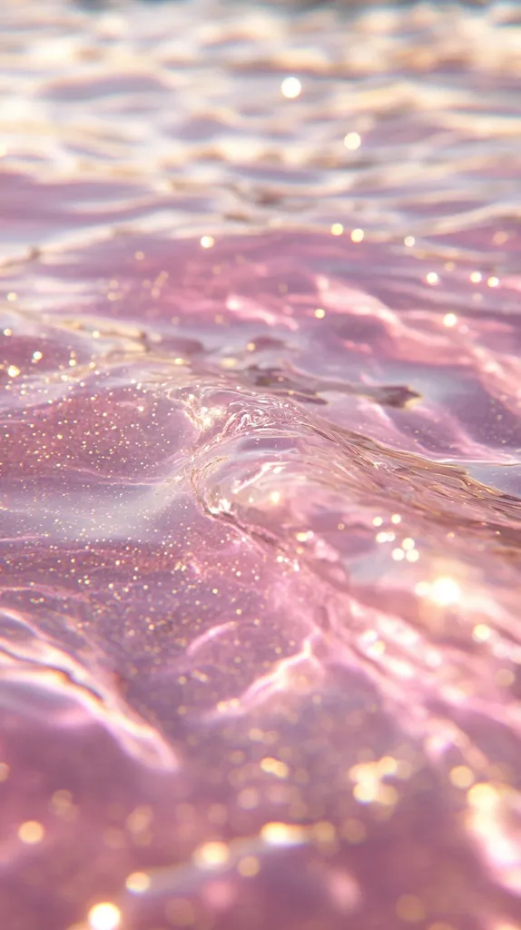 The image is a close-up of shimmering, rippling water with a soft, pink hue. The water is reflecting sunlight, creating a beautiful, sparkly effect. It looks like a dreamy, ethereal scene, perfect for a summer day. The image captures the beauty of nature and the simple joy of being by the water.