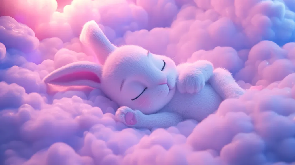 A white rabbit sleeps peacefully on a bed of fluffy, pastel-colored clouds. The bunny’s eyes are closed, and its paws are tucked underneath its body. The image is soft and dreamy, with a warm, comforting glow.  The clouds are a mix of pink, purple, and blue, creating a whimsical and magical atmosphere. The bunny’s soft fur and the lightheartedness of the scene create a sense of tranquility and innocence.