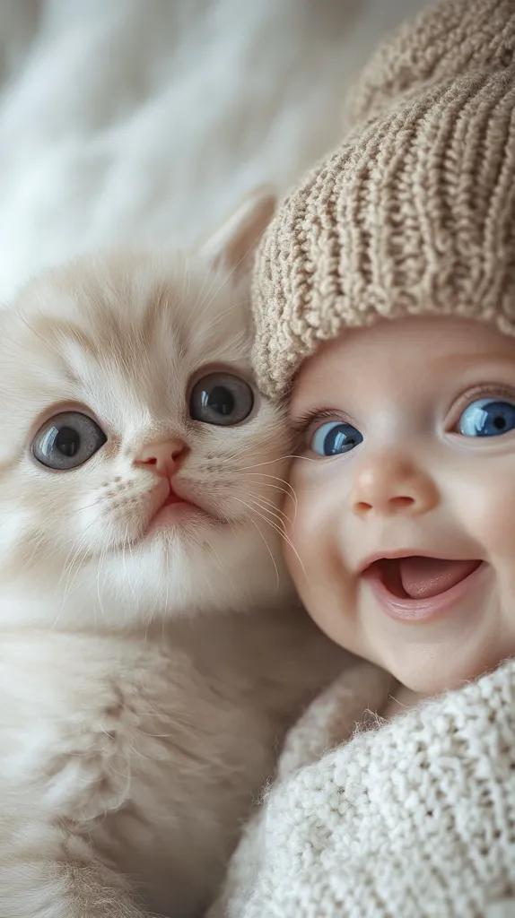 A baby wearing a knitted hat is laughing while a fluffy white kitten looks at the camera with big blue eyes. The baby has big blue eyes and a wide, toothy grin. The scene is captured in a close-up shot, highlighting the innocence and joy of the moment.  Both baby and kitten are soft and cuddly, and the image evokes a sense of warmth and tenderness.
