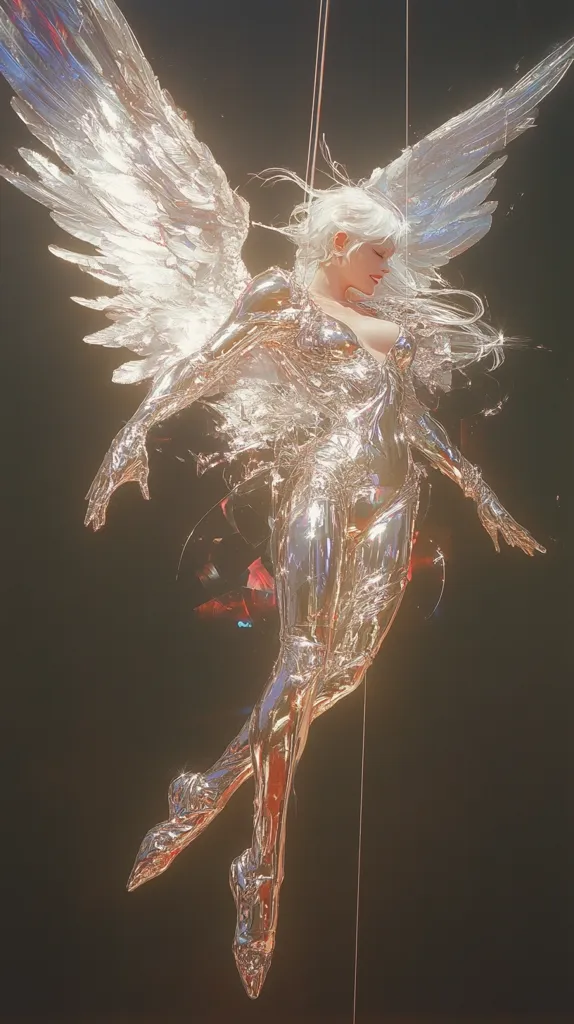 The image depicts a woman with flowing white hair, a metallic body, and large white feathery wings. She is suspended in mid-air, her body tilted to the side, as if caught in a dance. The image is rendered in a digital style, with a soft, ethereal glow and a slightly blurred background. The overall impression is one of ethereal beauty and otherworldly grace.