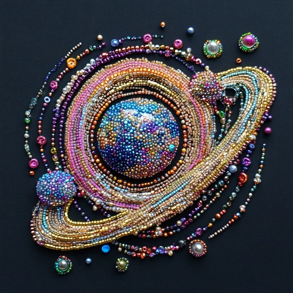 A beaded artwork depicting a planet with rings. The planet is a blue, green, and purple sphere, surrounded by a ring of gold, pink, and orange beads. Other smaller beads, in various colors, are scattered around the planet, representing stars. The artwork is set against a black background.  The intricate details and vibrant colors create a sense of wonder and cosmic beauty.