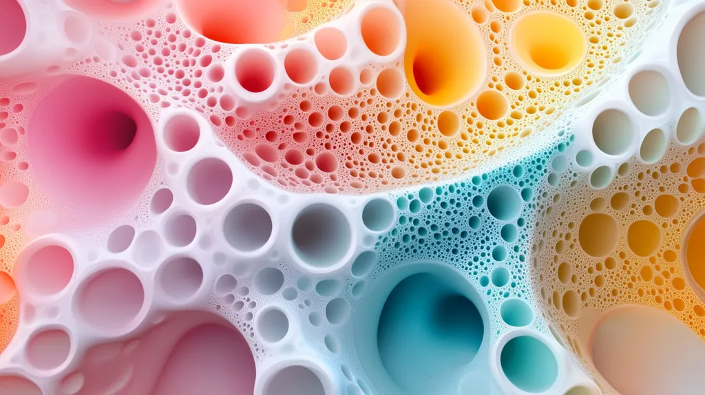 A close-up shot of a colorful, abstract, bubble-like texture. The image is dominated by a large, white, bubbly surface. The background is a mix of vibrant colors, including pink, orange, blue, and yellow, which all swirl together to create a mesmerizing, three-dimensional effect.  The bubbles, of varying sizes, appear to be interconnected, creating a sense of depth and texture. The overall effect is one of both abstract beauty and scientific intrigue.