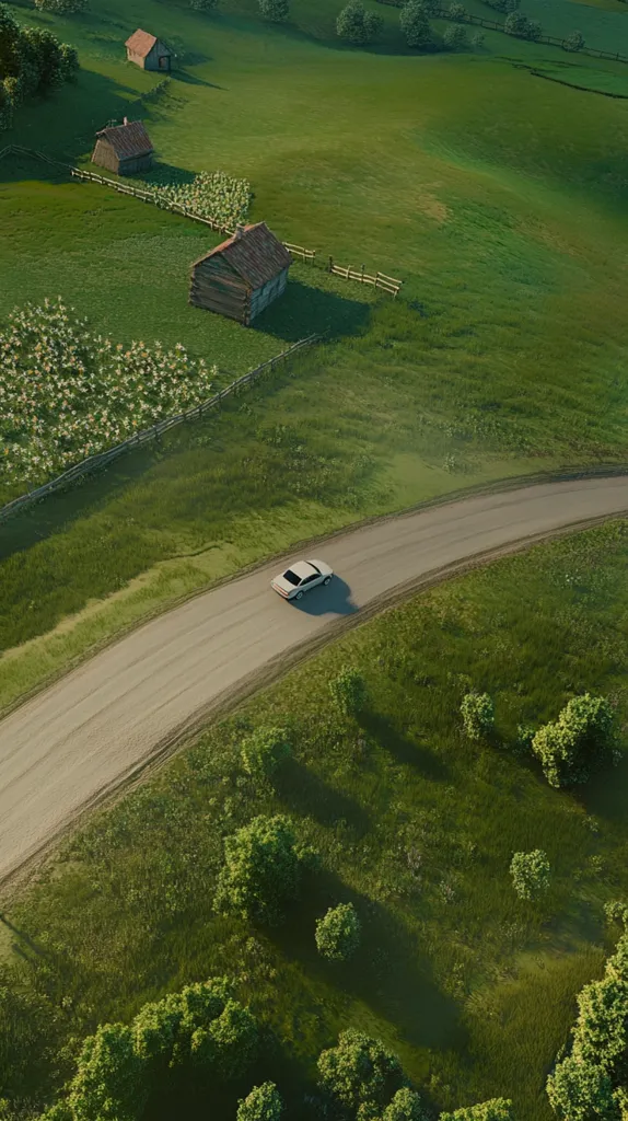 An aerial view of a winding dirt road snaking through a lush green meadow. A lone car travels along the road, with two small wooden houses and trees scattered in the distance. The scene is bathed in warm sunlight, casting long shadows across the landscape.  The photo captures a sense of peaceful isolation in a picturesque rural setting.