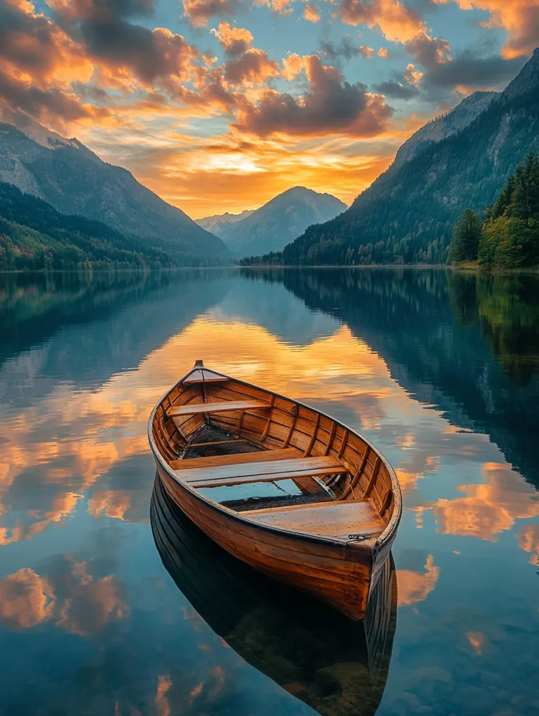 A wooden rowboat sits in the still water of a lake, nestled between forested mountains. The sky above is a vibrant canvas of orange and pink clouds reflecting in the water, creating a serene and picturesque landscape. The scene evokes a sense of tranquility and solitude, inviting viewers to imagine themselves drifting peacefully on the water.