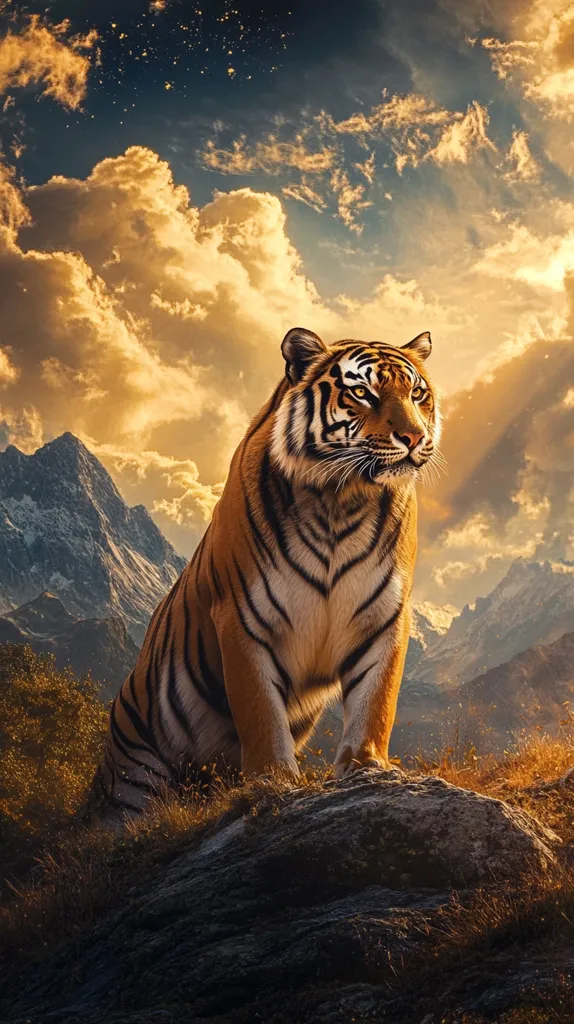 A majestic tiger sits on a rock, gazing into the distance. The sky is filled with fluffy, golden clouds, and the mountains in the background are snow-capped. The tiger's fur is striped with orange and black, and its eyes are piercing. The image is bathed in warm, golden light, creating a sense of peace and tranquility.