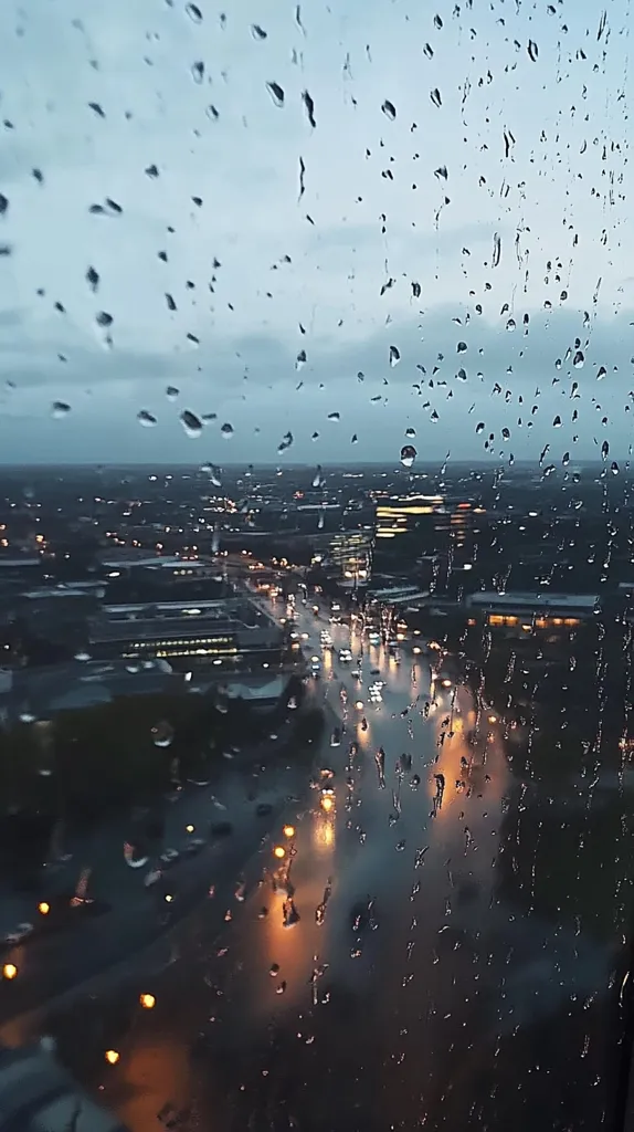 A blurry city scene is seen through a rain-streaked window. Raindrops cling to the glass, obscuring the view of a busy city street below.  The distant lights of buildings and cars shimmer through the wet windowpane, creating a hazy and atmospheric effect. The image captures the feeling of a rainy evening in an urban setting.  The composition is simple and effective, with the rain serving as a prominent focal point.  The overall tone is melancholic, yet beautiful.