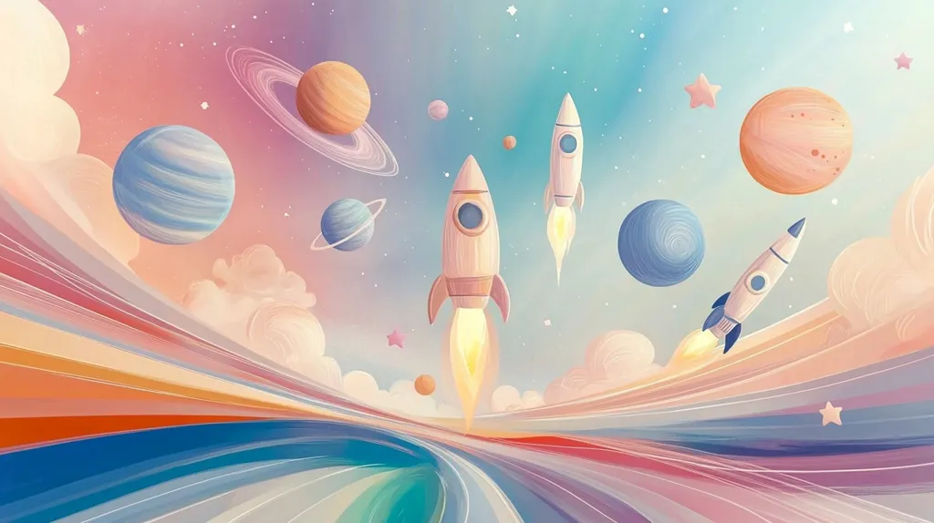 A whimsical illustration of rockets soaring through a pastel-colored galaxy. Three rockets fly through a colorful, swirling sky dotted with planets and stars. The rockets are painted in a simple, childlike style and emit bright, yellow flames. The background is a mix of soft blues, pinks, and yellows, creating a dreamy and ethereal atmosphere.