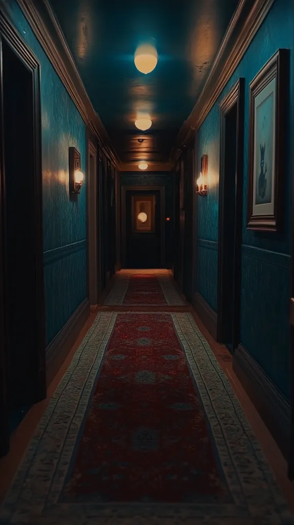 A dimly lit hallway with dark teal walls, ornate trim, and a patterned rug leading to a closed door at the end.  Light fixtures are visible on both sides of the hallway, and there are paintings on the walls.  The atmosphere is slightly eerie and mysterious.