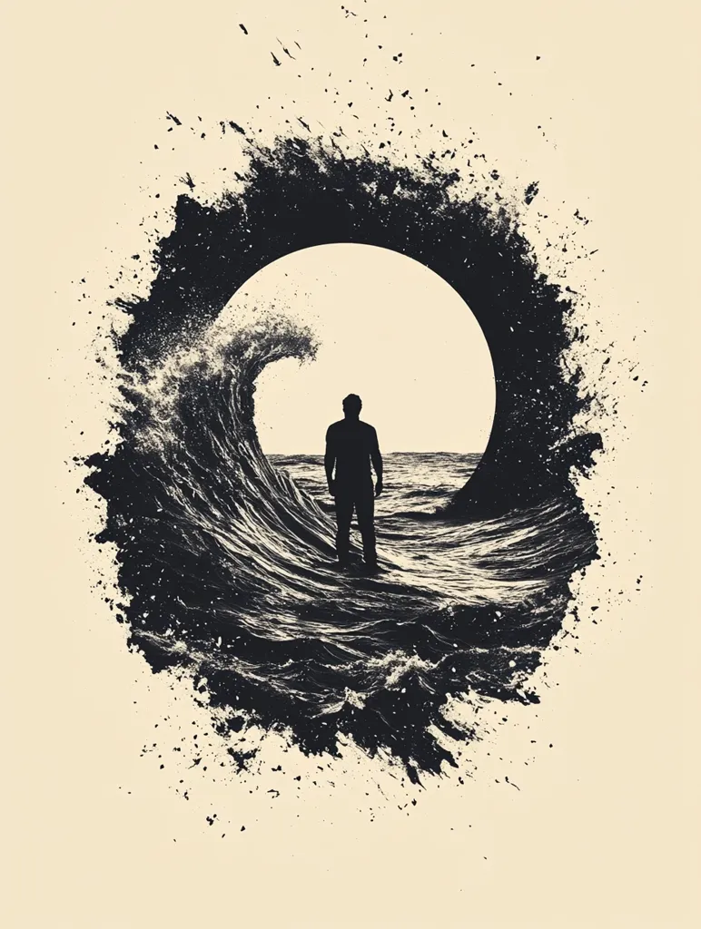 The image depicts a man standing in the middle of a large wave, framed by a circular opening in a splatter of black ink. The man's silhouette and the wave are dark, contrasting against the light background. The image conveys a sense of solitude, power, and the unknown, with the man seemingly navigating a turbulent sea.