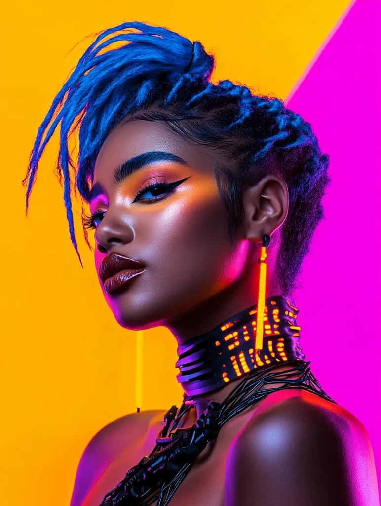A woman with blue dreadlocks and striking makeup looks intensely at the camera.  She wears a futuristic, black choker with glowing orange lights and matching earrings against a background of yellow and pink.  The image has a dramatic, neon-lit feel.