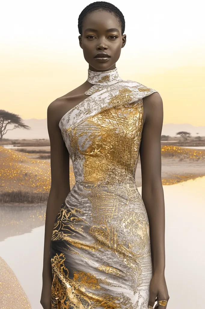 A young Black woman with short black hair is wearing a form-fitting gold and white dress. She is standing in front of a desert landscape with a small body of water in the foreground. The dress is a one-shoulder design with a high neckline, and it appears to be made of a luxurious fabric with an intricate pattern. The woman is looking directly at the camera, her expression is serious and confident. The overall tone of the image is elegant and sophisticated.