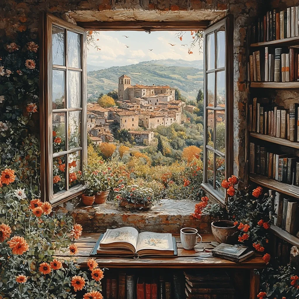 The image depicts a cozy nook with an open window overlooking a picturesque Italian village nestled amidst rolling hills. The window is framed by lush greenery and blooming flowers, adding a vibrant touch to the scene. Inside, a wooden table is set with an open book, a steaming cup of coffee, and a collection of books on a nearby bookshelf. The warm sunlight streaming in creates a tranquil and inviting atmosphere, perfect for relaxation and contemplation.