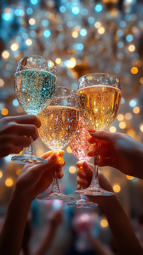 Four glasses of champagne are held up in a toast, the glasses are filled with bubbly golden liquid. The background is blurred with soft, golden lights.  The image captures the celebratory atmosphere of a party.