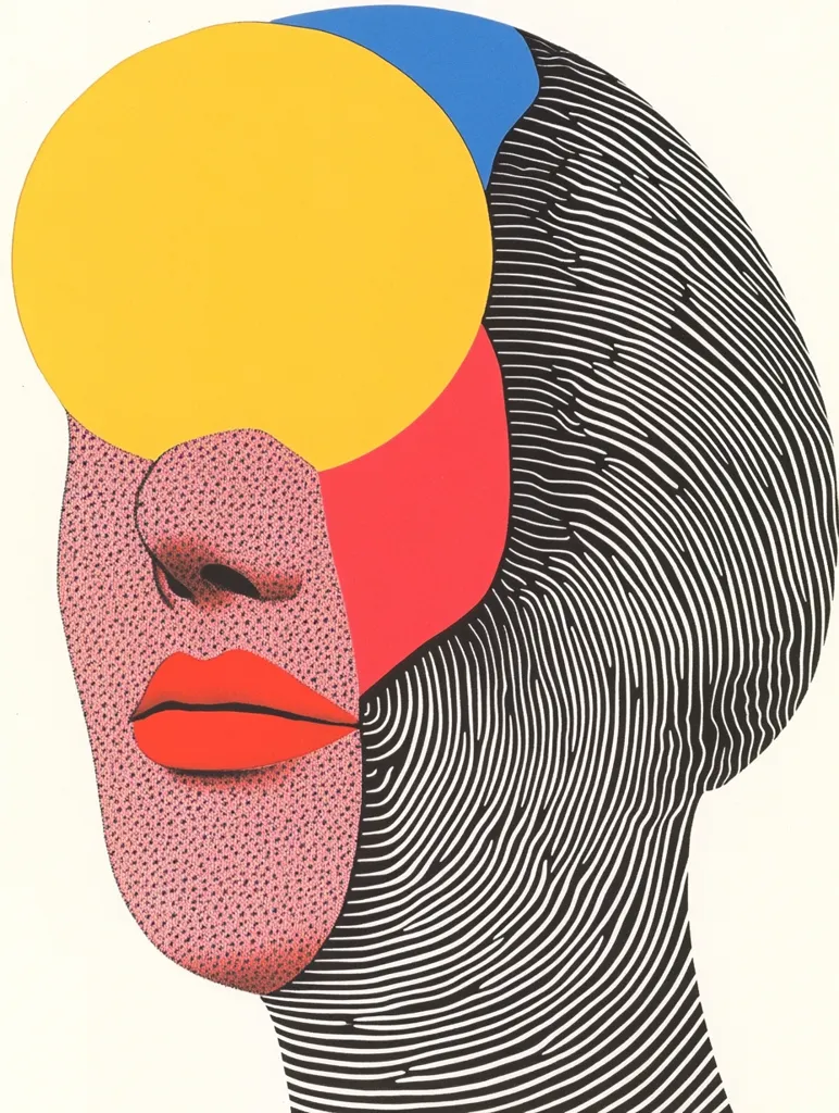 The image is an abstract portrait of a woman. Her head is filled with geometric shapes, including a large yellow circle, a red semicircle, and a blue partial circle. Her face is textured, with pink skin and a large red mouth. The rest of her head is depicted with black and white stripes. The portrait is minimalist and bold, creating a striking visual impression.