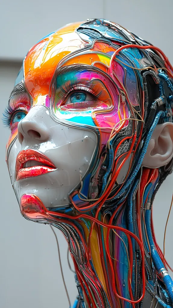 A close-up of a futuristic, cyborg-like face with vibrant, glossy colors. Intricate, interwoven wires and tubes form a mesmerizing pattern across the face and neck, creating a surreal and almost otherworldly aesthetic. The blue eyes and red lips add a touch of humanity to the otherwise mechanical visage.  The image is striking in its blend of artificial and organic elements.