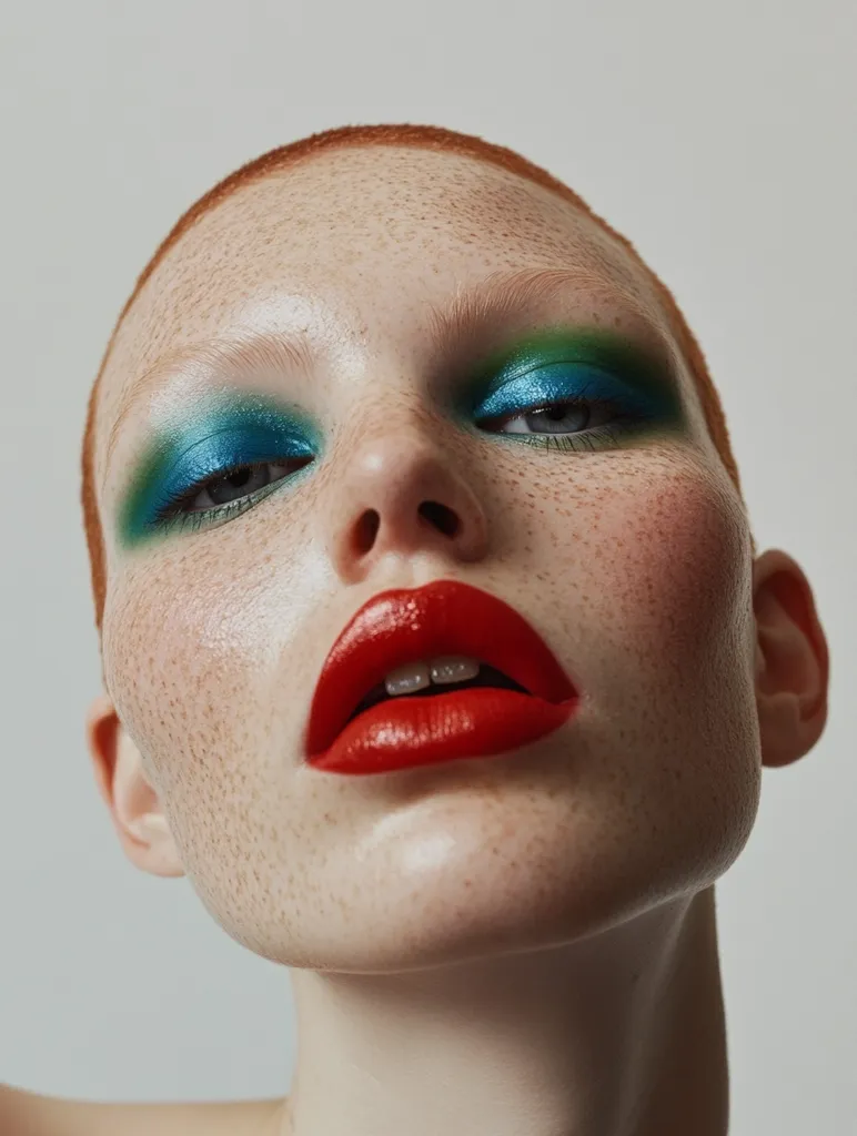 A close-up portrait of a woman with red hair and freckles. She has a bright red lipstick and bold blue eyeshadow. She is looking up with a slightly surprised expression. The background is a plain white. The photo is sharp and well-lit.