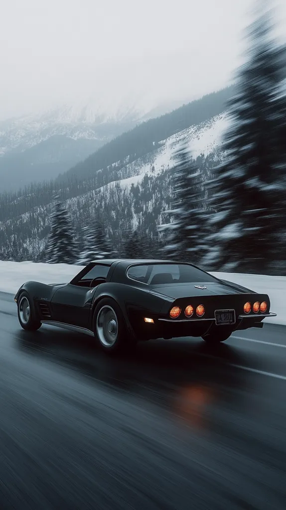 A black Corvette sports car drives on a winding road through a snowy mountain landscape. The car's headlights illuminate the road ahead, while the snow-covered mountains and trees provide a dramatic backdrop. The image captures a sense of speed and adventure.  The blurry background adds to the feeling of motion and the snowy weather creates a somber mood.