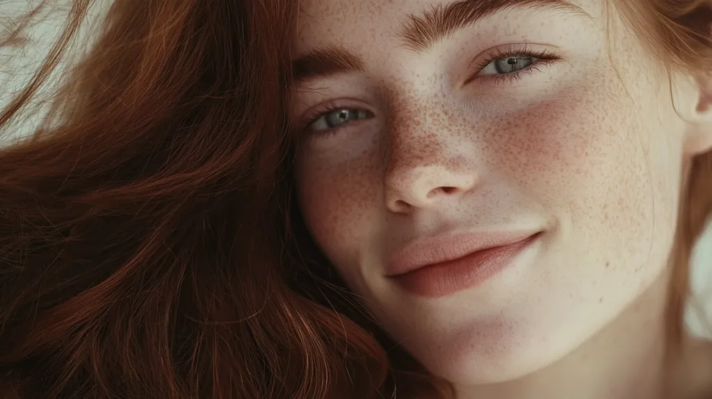 A close-up portrait of a young woman with long, auburn hair.  Her skin is fair and freckled.  She is looking off to the side with a gentle smile on her lips.  The light is soft and warm, creating a dreamy and ethereal atmosphere.  Her hair falls loosely around her face, highlighting her delicate features.  The image evokes a sense of beauty and innocence.