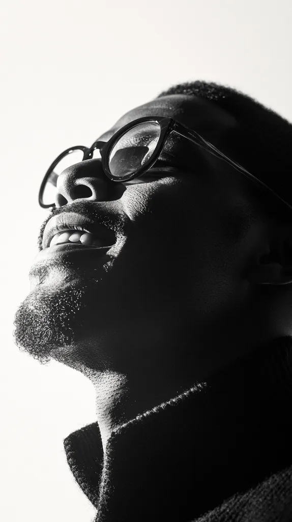 A black and white portrait of a man wearing glasses. His eyes are closed and his mouth is slightly open. The man's face is illuminated from the right, casting a shadow over his left side. He's wearing a dark sweater.  The image evokes a sense of contemplation or introspection.