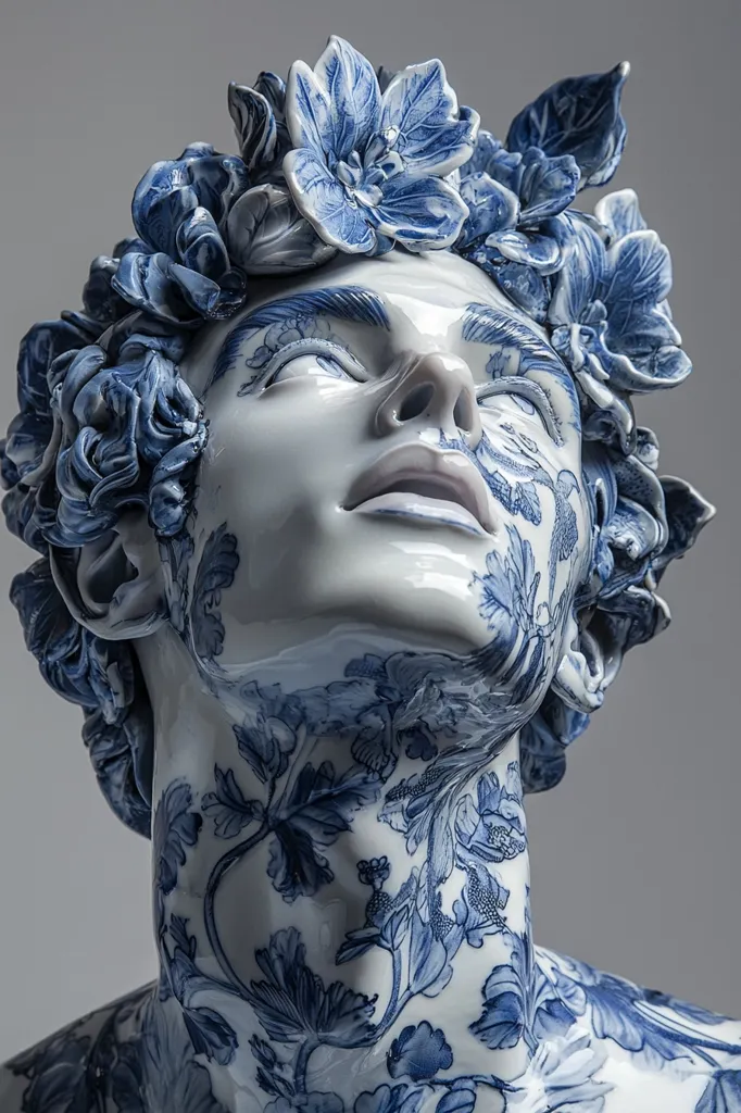 A close-up of a porcelain sculpture of a person's head and neck. The sculpture is decorated with blue and white floral patterns, resembling a traditional Chinese porcelain design. The person's face is serene and their eyes are closed, suggesting a state of tranquility. The sculpture is highly detailed, with realistic features and a delicate touch. The blue and white colors create a striking contrast against the grey background.