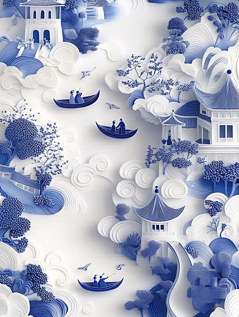 A delicate paper art piece depicting a fantastical Chinese landscape. Blue and white patterns create a sense of depth and movement, featuring a pagoda, winding rivers, and small figures in boats. The intricate details and layered design create a sense of wonder and tranquility.