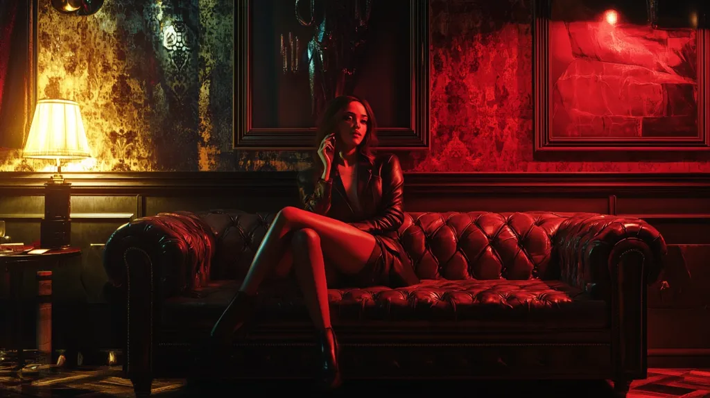 A woman in a black leather jacket sits on a luxurious, red leather Chesterfield sofa.  She is illuminated by warm red light, which casts dramatic shadows in the dimly lit room. The room features dark wood paneling, framed artwork, and a table lamp with a soft yellow glow.  The overall ambiance is seductive and slightly mysterious.
