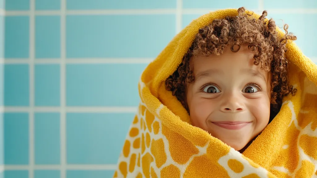 A young child with curly brown hair is wrapped in a yellow towel with a white pattern. The child is smiling and looking directly at the camera. The background is a tiled bathroom wall in blue. The child is happy and enjoying their time in the bathroom.