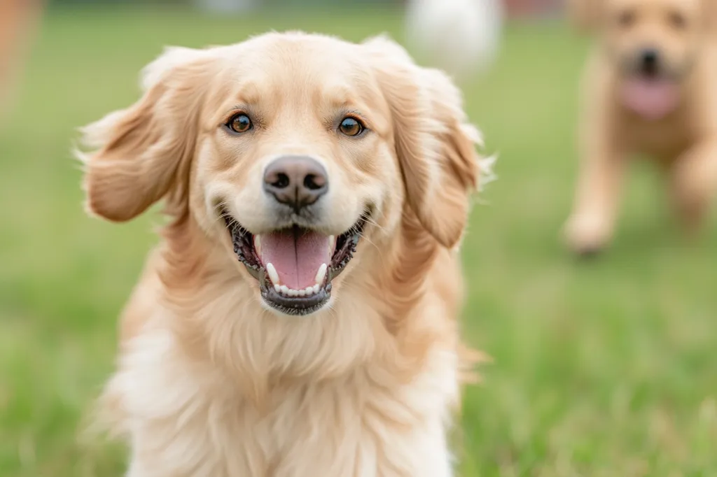 A golden retriever dog smiles brightly with its mouth open, showing its teeth. The dog has soft, fluffy fur and its tongue is slightly sticking out. The background is blurry, suggesting a grassy field.  The dog's eyes are soft and focused on the viewer.  The dog is happy and playful.  The image is filled with warmth and a sense of joy.