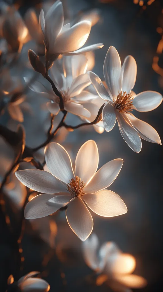 A cluster of delicate white magnolia blossoms are bathed in soft, golden light. The petals are translucent, revealing the intricate veins within. The flowers are partially obscured by the background, creating a sense of depth and mystery. The image evokes a feeling of tranquility and natural beauty.