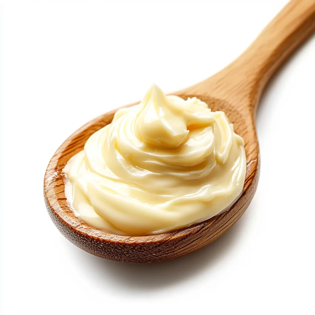 A wooden spoon holds a dollop of creamy, pale yellow mayonnaise. The mayonnaise is smooth and slightly glossy, with a delicate swirl pattern. The spoon is partially visible, with its natural wood grain adding a warm contrast to the coolness of the mayonnaise. The image is captured against a pristine white backdrop, emphasizing the vibrancy of the ingredients.