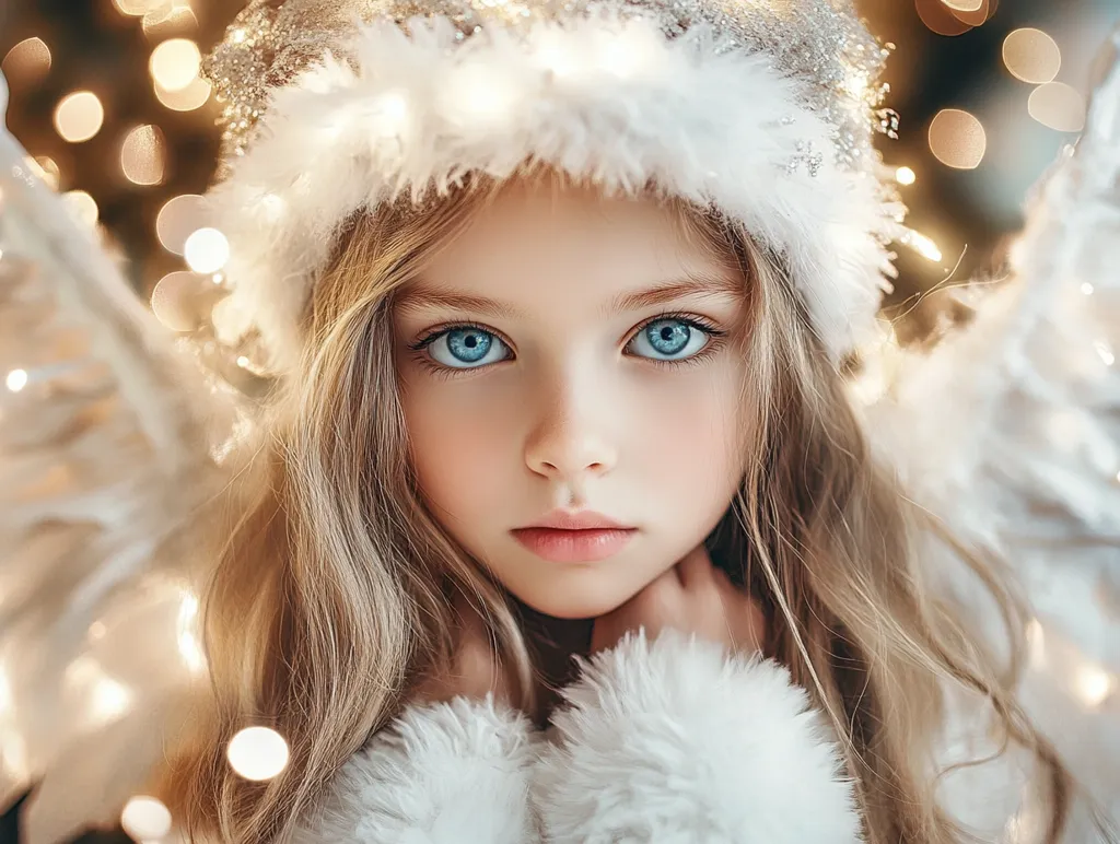 A young girl with long blonde hair and bright blue eyes is dressed in a white fur coat and a white hat. She is looking directly at the camera with a serious expression.  She is surrounded by soft white feathery wings and a blurred background of warm, golden lights. The image has a soft, angelic quality.