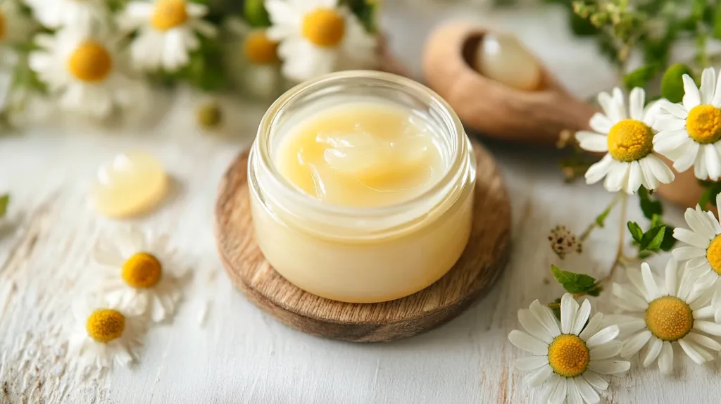 A small glass jar filled with a thick, yellow cream sits on a wooden coaster. The jar is surrounded by delicate white daisies with bright yellow centers.  The scene is set on a white, rustic wooden table with a soft, natural light. This image evokes a sense of calm and tranquility, suggesting the cream is a natural, soothing product.