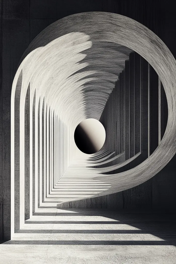 The image shows a concrete tunnel with a circular opening at the far end. The tunnel is formed by a series of arches that create a sense of depth and perspective. The light from the opening casts long shadows on the floor, creating a dramatic and abstract effect. The overall impression is one of minimalism and geometric beauty.