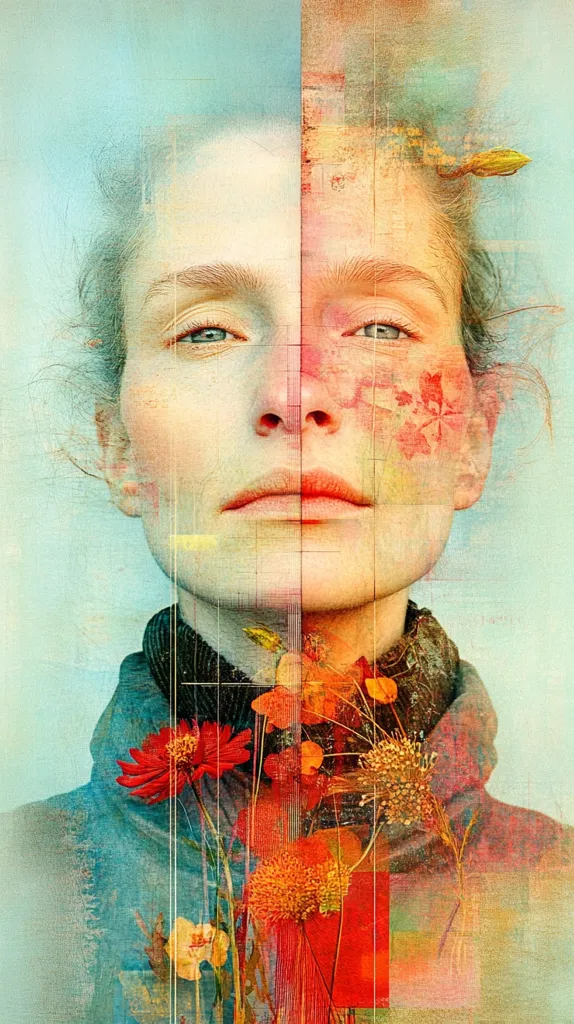 A portrait of a young woman with her face split down the middle, one side in a softer, lighter palette and the other in a more vibrant, textured style. The background is a soft blue with a vertical line dividing it, and the woman's face is framed by a thick, dark scarf. In the foreground, a bouquet of colorful flowers with red, yellow, and orange blooms rises from the bottom of the image. The woman's expression is thoughtful and slightly sad, creating a sense of mystery and introspection.