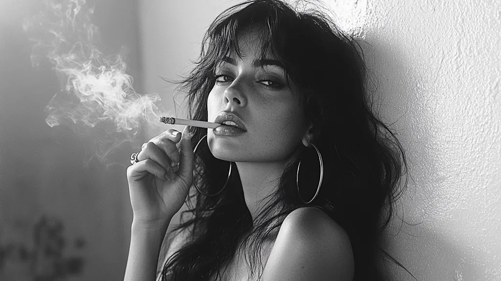 The image shows a young woman with long, dark hair, wearing large hoop earrings, smoking a cigarette. She is looking at the camera, and her expression is serious. The image is in black and white, and the lighting is soft and moody. Smoke curls around her face and neck, creating a sense of mystery and intrigue.  The image is simple but evocative. It captures a moment of quiet contemplation, perhaps a time of reflection or introspection.  The woman's gaze is direct and unflinching, suggesting a sense of strength and independence.