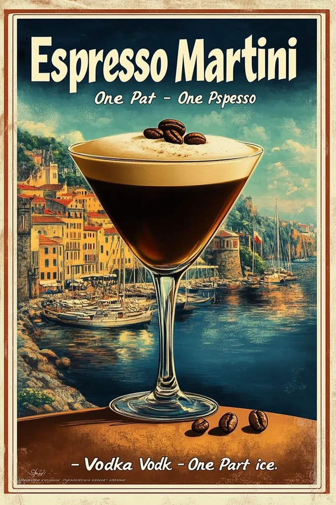 The image is a vintage-style poster for an Espresso Martini. The poster features a glass of the cocktail in front of a picturesque seaside town. The text reads "Espresso Martini - One Pat - One Pspesso - Vodka Vodk - One Part ice."  The poster uses vibrant colors and a nostalgic font, evoking a sense of retro charm.  The image is set against a slightly textured background.