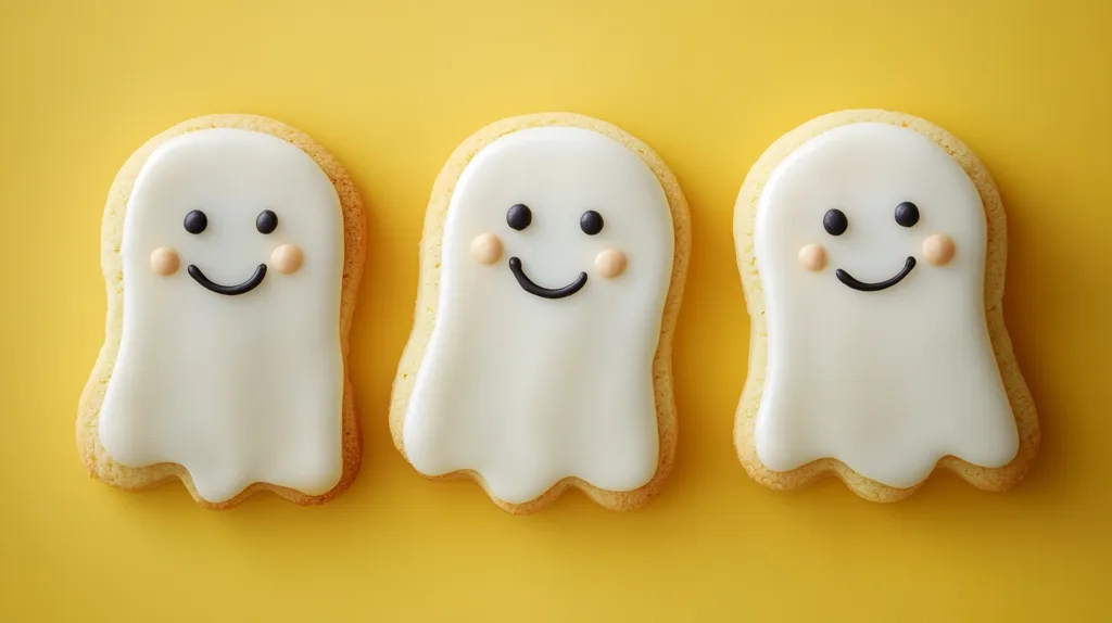 Three ghost-shaped cookies are arranged in a row against a yellow background. The cookies are decorated with white frosting and black icing to resemble friendly ghosts with smiling faces. The simple and cute design adds a festive touch to the image.