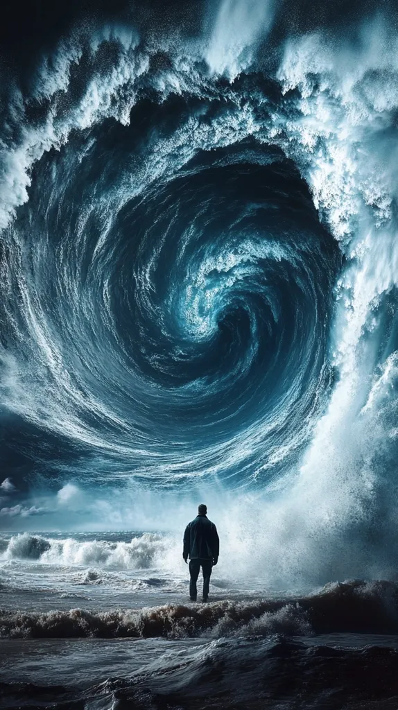 A solitary figure stands on a rocky shore, dwarfed by a massive, swirling wave that engulfs the sky. The wave is a vortex of blue and white, its crest breaking into a frothy crown. The man's silhouette is stark against the dramatic backdrop, his gaze fixed on the approaching tempest. The image evokes feelings of powerlessness and awe in the face of nature's overwhelming force.