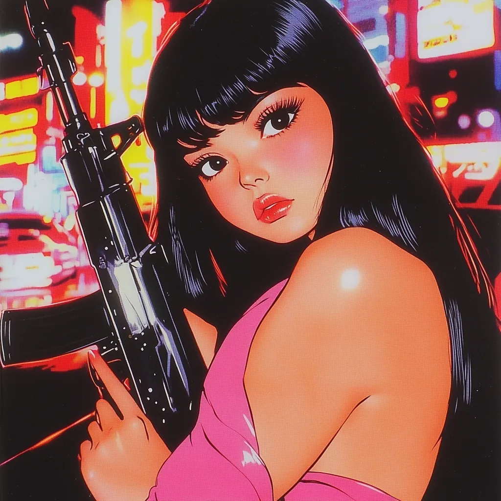 The image depicts a young woman with long black hair, wearing a pink top, holding a rifle. She has large eyes and full lips, and her expression is serious. The background is a blurry city scene with neon lights. The image is styled in a retro anime aesthetic. The overall tone is edgy and provocative.