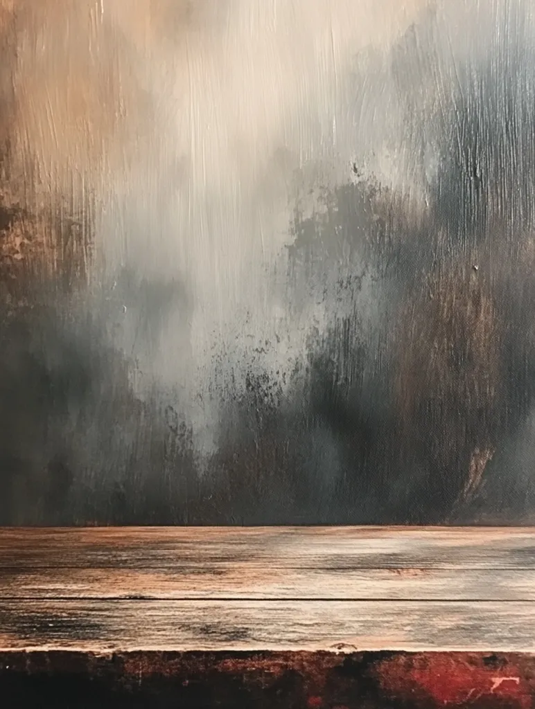 The image shows a wooden table top with a blurry, textured background. The background is a mix of dark and light grays with hints of brown. The table top is made of rough-hewn wood planks and appears to be in a rustic setting. The light seems to come from above, casting shadows on the table top.  The overall image is one of simplicity and authenticity.  The wooden surface is perfect for displaying products or adding an organic touch to any design.