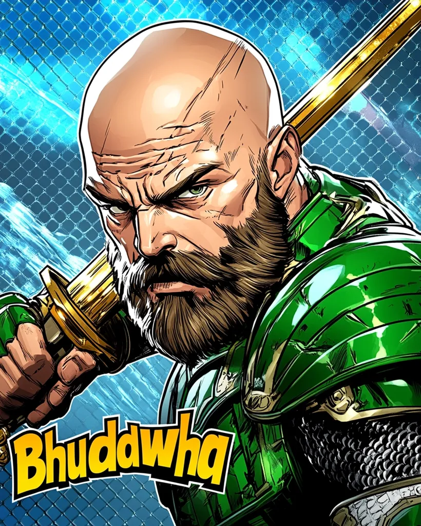 A bald, bearded man with a fierce expression holds a golden sword. He is wearing green armor with intricate details, and his name, "Bhuddwha," is written in yellow letters below him. The background is a blue and green pattern that resembles a grid.  The image is drawn in a comic book style.