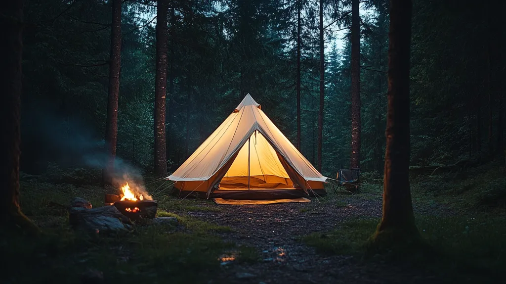 A large, illuminated tent stands in the middle of a dense forest. Tall trees surround the tent, their dark silhouettes creating a sense of mystery. A small fire burns in front of the tent, casting a warm glow onto the surrounding area. The scene is both peaceful and inviting, suggesting a night of camping under the stars.