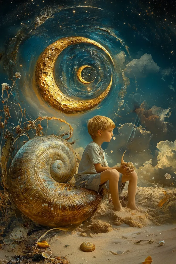 A young boy with blonde hair sits on a giant seashell with a smaller seashell in his hand. Behind him, a large golden crescent moon floats against a swirling galaxy-like background. The scene is set on a sandy beach, with the faint glimmer of stars in the night sky. The image evokes a sense of wonder and dreamscape, possibly symbolizing the child's imagination and exploration.