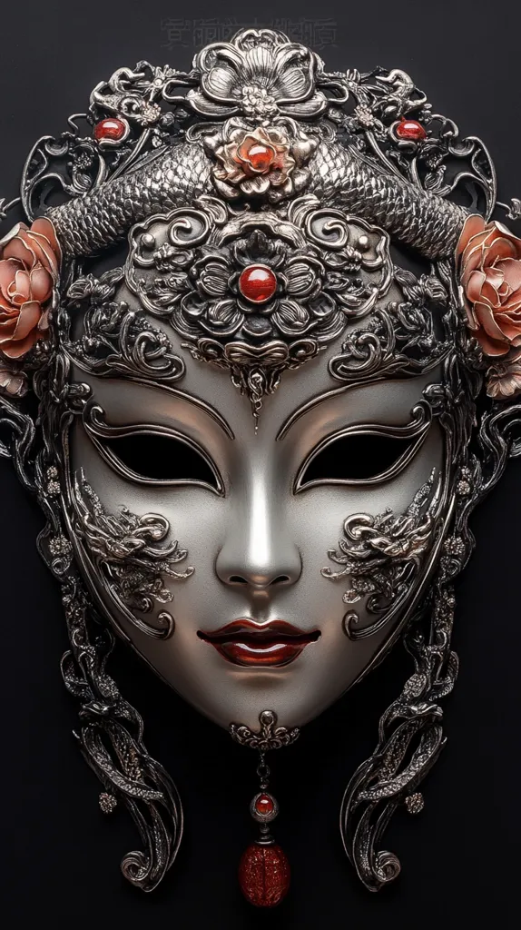 The image shows a silver masquerade mask with intricate details. It features a female face with delicate features, ornate floral designs, and red gemstones. The mask has a long, flowing, silver design on either side, resembling hair or a veil. The background is a simple black, allowing the mask to stand out. The mask appears to be made of metal, possibly silver or pewter. The details are sharp and precise, giving the mask a refined and elegant look.