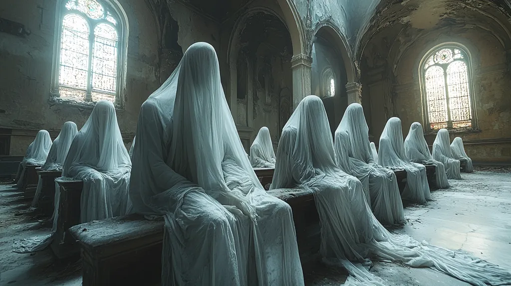 A row of ghostly figures sit in the pews of an abandoned church, their faces obscured by draped fabric. The church is dilapidated, with peeling paint and cracked walls, adding to the eerie atmosphere. The figures' stillness and the decaying environment create a sense of haunting solitude and forgotten memories. The soft light filtering through the stained glass windows adds a touch of ethereal beauty to the scene.