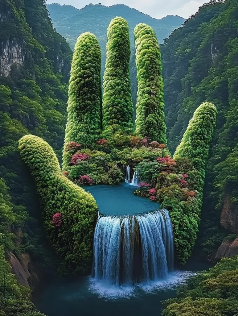 The image depicts a breathtaking natural wonder, a cascading waterfall flowing into a serene pool, framed by lush greenery that forms the shape of a giant hand. The hand is made up of tall, verdant trees, creating a surreal and awe-inspiring landscape. The waterfall tumbles down the hand, creating a mesmerizing spectacle of water and nature's artistry. The surrounding mountains and foliage add to the beauty and grandeur of this enchanting scene.