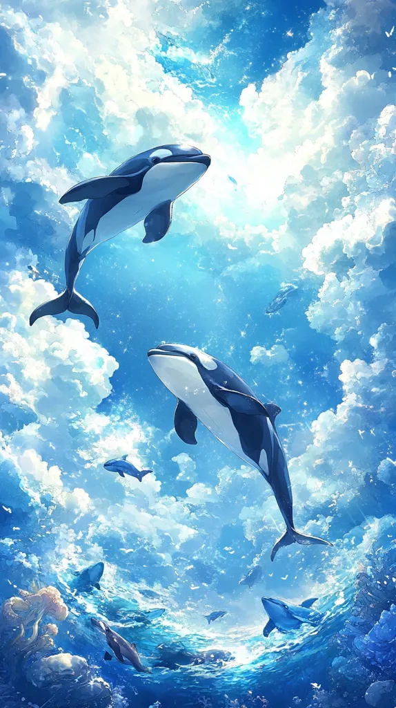 Two orcas leap through the air against a backdrop of fluffy white clouds and a bright blue sky. The orcas are in mid-air, their bodies stretched out as they jump. The sky is filled with tiny white specks, and the water below is a deep blue.  The orcas are swimming towards the viewer, and the image conveys a sense of freedom and joy.  There are other smaller orcas swimming in the water below. The overall effect is one of beauty and tranquility.