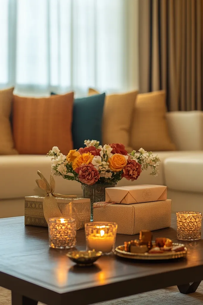 A coffee table sits in front of a couch with warm-toned pillows.  The table is adorned with candles, a vase of flowers, and several wrapped boxes, creating a cozy and inviting atmosphere. The natural light from the window casts a warm glow across the scene.  The table's rich wood finish provides a warm contrast to the soft furnishings.  The overall impression is one of peaceful relaxation and a celebration of the simple things.