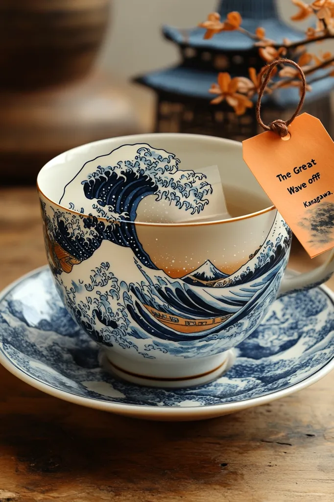 A white teacup and saucer with a blue and white illustration of the Great Wave off Kanagawa. The teacup is sitting on a wooden table with a small Japanese-style building in the background.  A tea bag with a matching design hangs from the cup and reads "The Great Wave off Kanagawa."